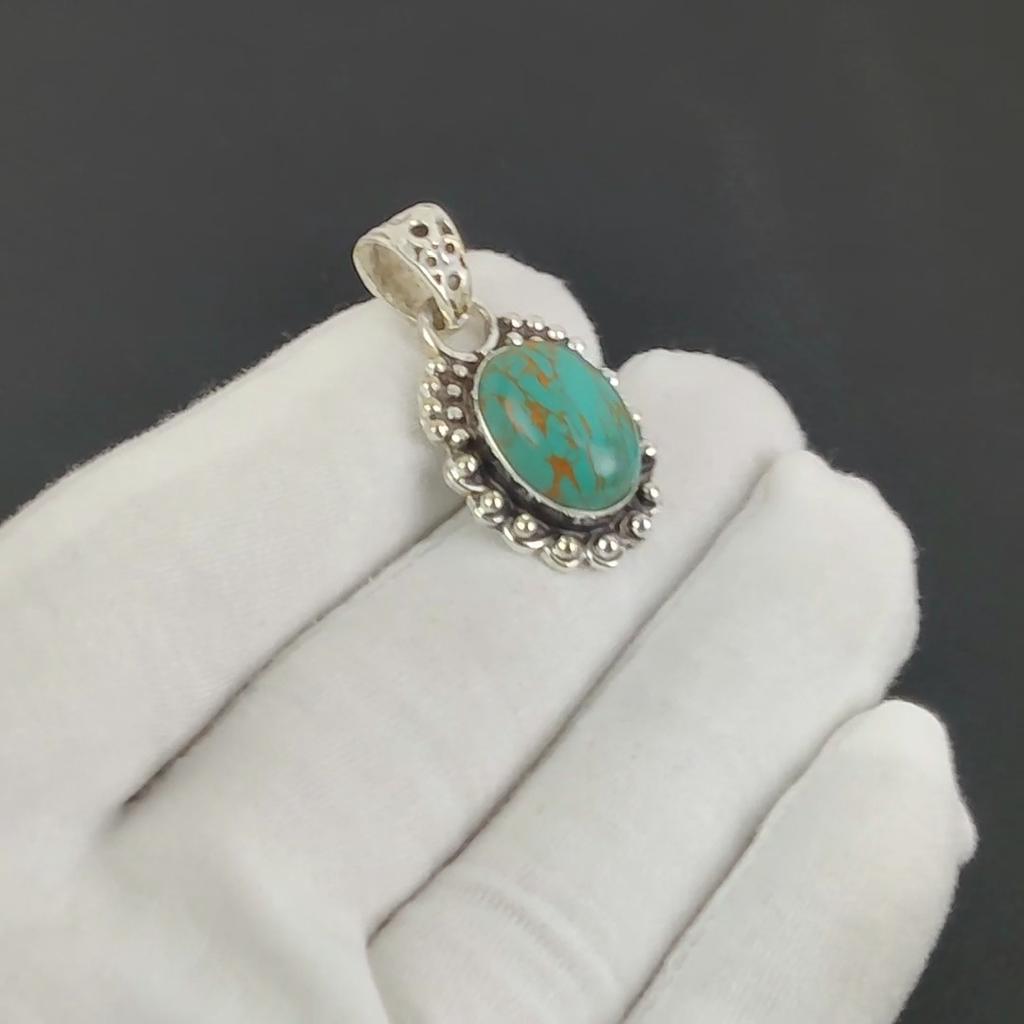Natural Turquoise Gemstone Silver Pendant In 925 Sterling Silver- Handmade Design, Everyday Wear Jewelry, Unique Pendant Father's Day Gift