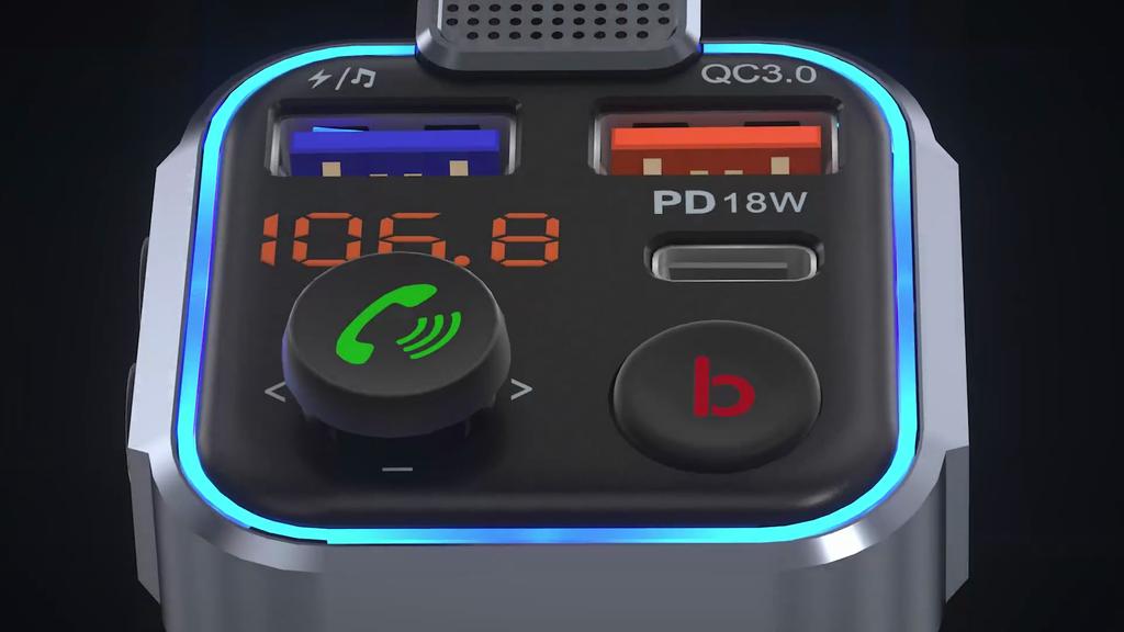 Быстрое автомобильное зарядное устройство с FM-передатчиком Bluetooth 5.3 - USB-C PD и QC3.0 для iPhone/Samsung