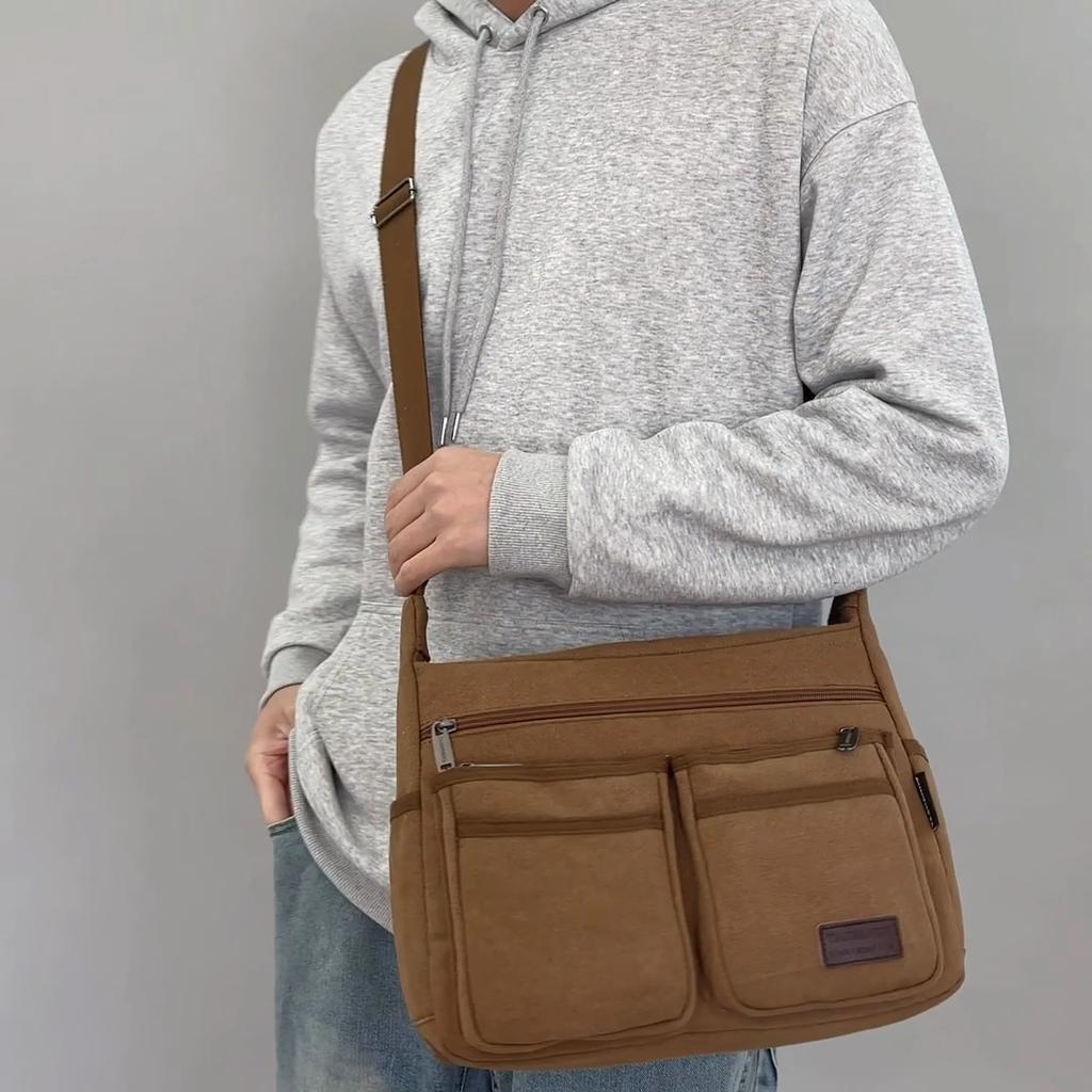 Men's Large Capacity Crossbody Bag Commuter Shoulder Bag Multi-Pocket Canvas Bag