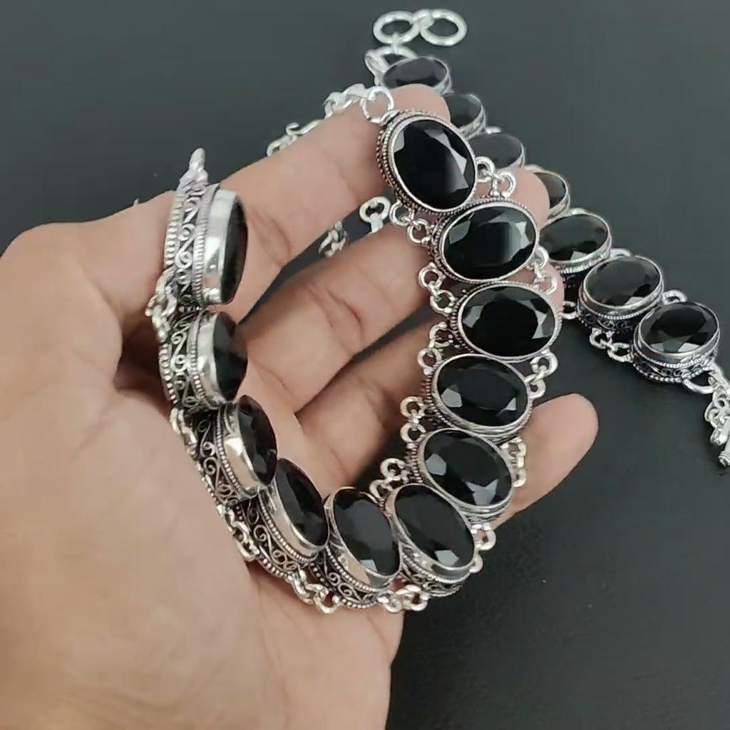 Beautiful Black Spinel Gemstone Handmade 925 Sterling Silver Jewelry Black Spinel Neclace Bracelet Set, Antique Jewelry Set, Bracelet For Gift
