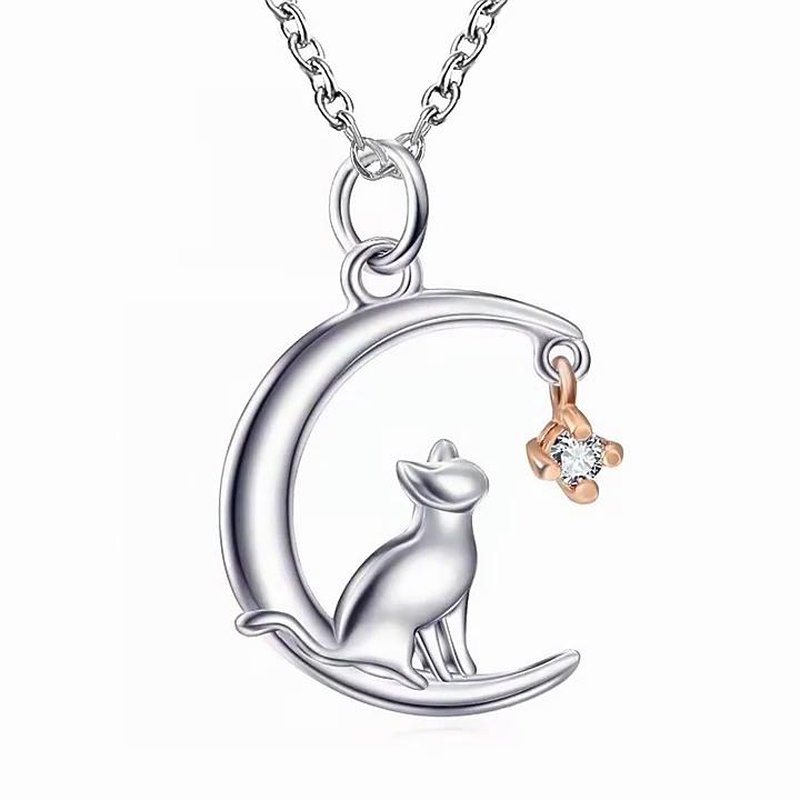 New Fashion Cute Micro-inlaid Moon Cat Pendant Necklace Female Valentine's Day Gift Jewelry