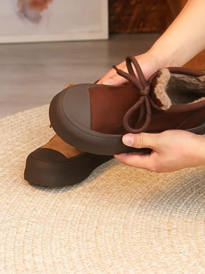 Johnature Genuine Leather Retro Plush Warm Women's Shoes Thick Sole Versatile Back Zipper Ankle Boots