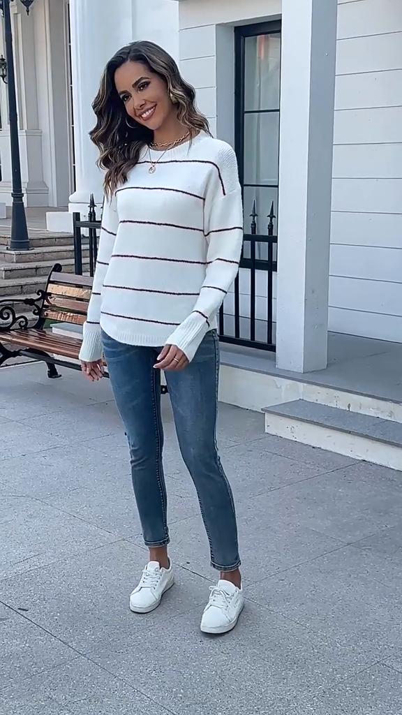 GMXIA Women's Fashion Casual Stripe Print Autumn Winter Long Sleeve O-Neck Loose Sweaters