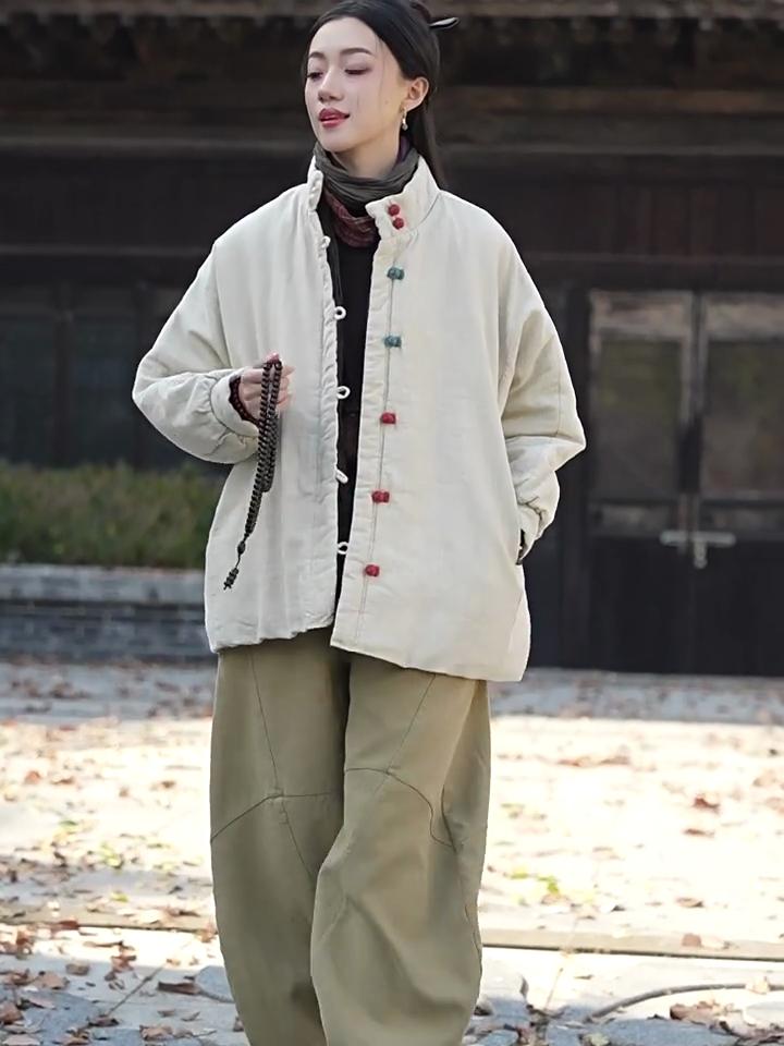 Johnature Women Vintage Solid Color Long Sleeve Winter Coats Button Chinese Style Warm Coats