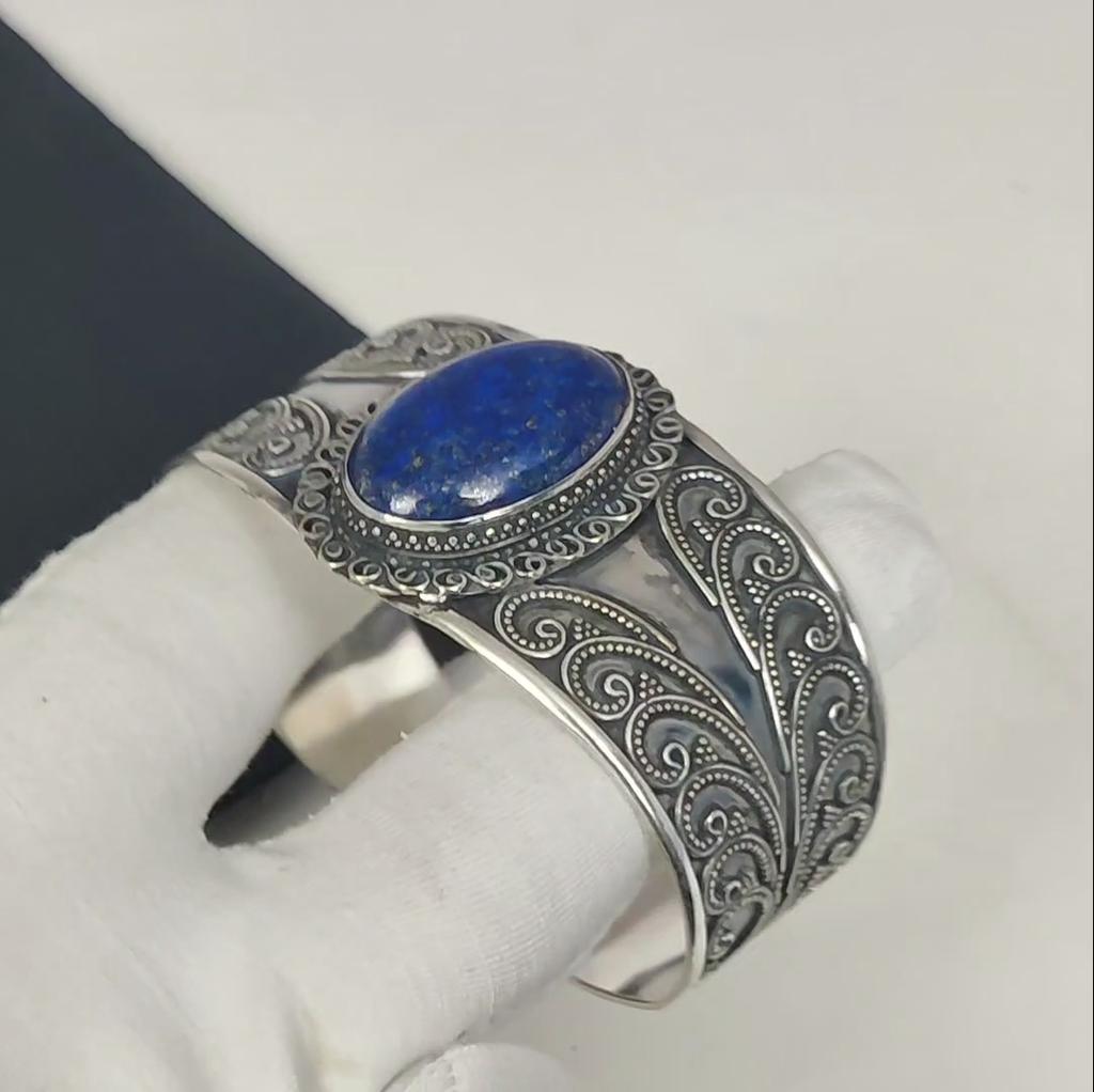 Браслет-манжета из натурального лазурита ручной работы из стерлингового серебра 925 пробы, браслет из лазурита, для жены, браслет унисекс, подарки на день рождения