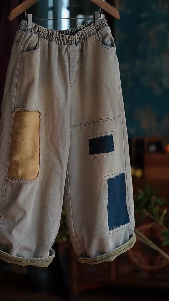 Johnature Женские винтажные джинсовые широкие брюки в стиле пэчворк с нашивками, свободные брюки, зимние эластичные брюки на талии, хлопковые теплые брюки