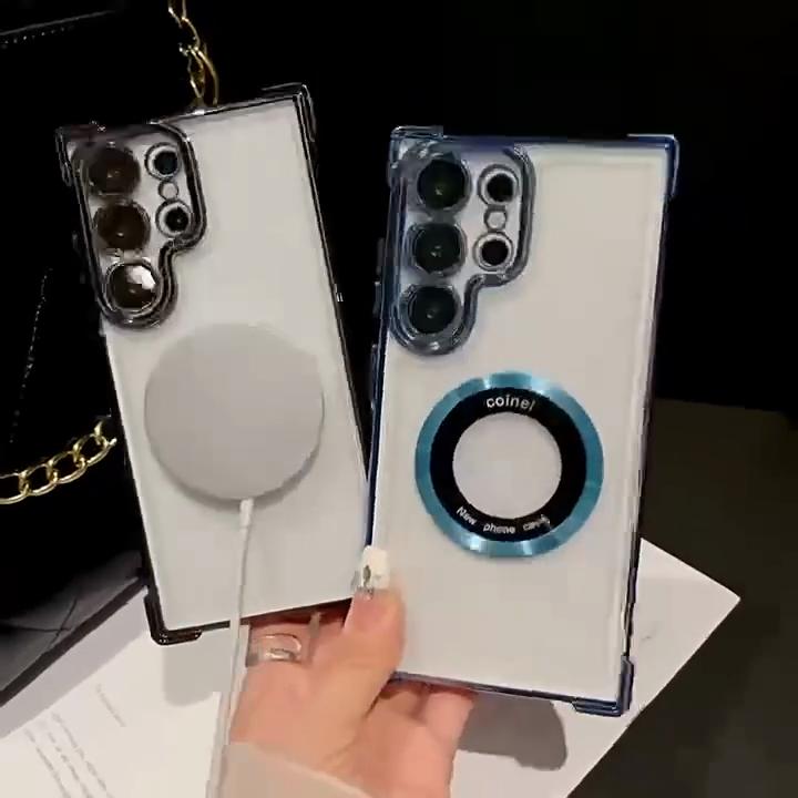 Роскошный магнитный чехол для беспроводной зарядки Samsung S24 Ultra S23 FE S22 Plus S21 S20 Note 20 прозрачная защитная крышка для объектива