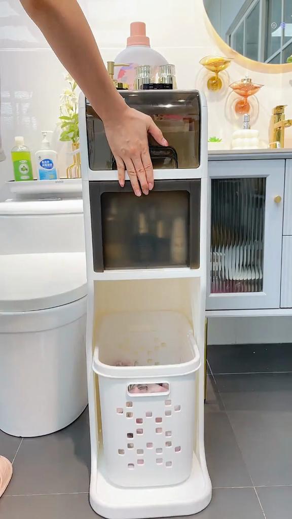 Bathroom Gap Storage Cabinet Toilet Mobile Storage Rack with Drawer Bathroom Organizer Floor Shelve with Dirty Clothes Basket