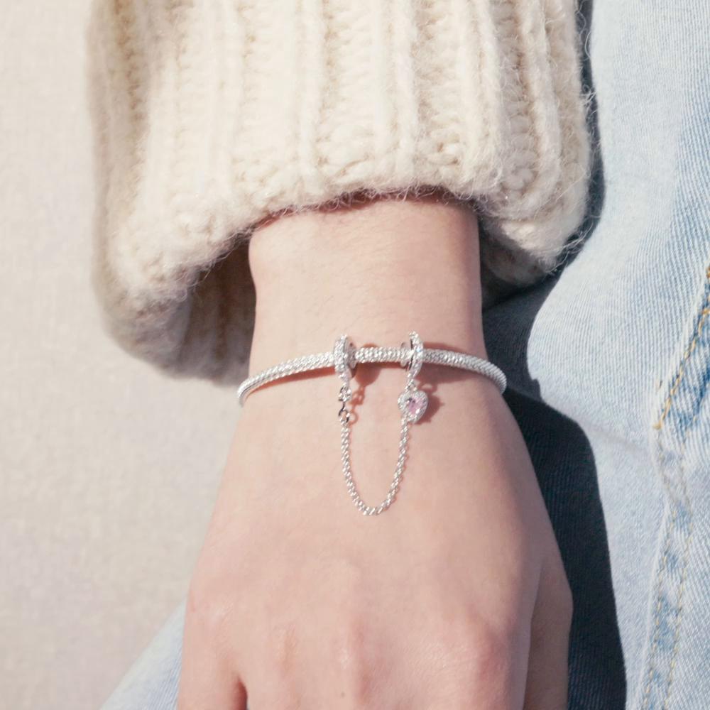 BAMOER Стерлингового Серебра 925 пробы Сердце Серебряная силиконовая цепочка безопасности подвески для женщин оригинальный браслет ювелирные изделия подарок на день Святого Валентина