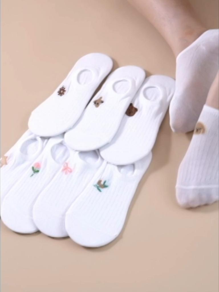 1/5 пары женских летних белых носков-невидимок с милой вышивкой животных и растений, силиконовые нескользящие носки