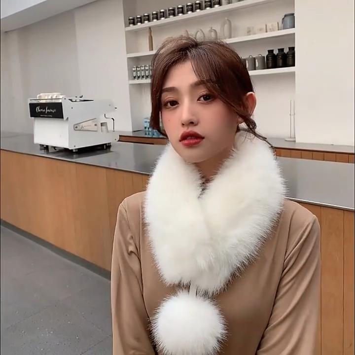 Solid Color Scarf Winter Fluffy Furball Faux Rabbit Plush Cute Women's Models Neck Protection Cross Scarf