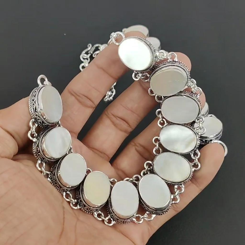 Натуральный перламутровый драгоценный камень, ручная работа, серебряные украшения 925 пробы, комплект браслетов, антикварный комплект украшений, подарок на день рождения для жены