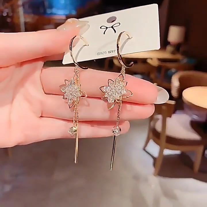 Серьги-цветы с цирконами Женские S925 Серебряная игла Элегантные длинные серьги с бахромой Супер-сказочные серьги