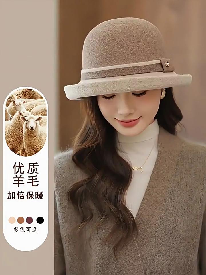 Wool Bucket Hat Basin Hat Elegant Dome Autumn and Winter Hat Hat, Women's High-end Beret, Top Hat