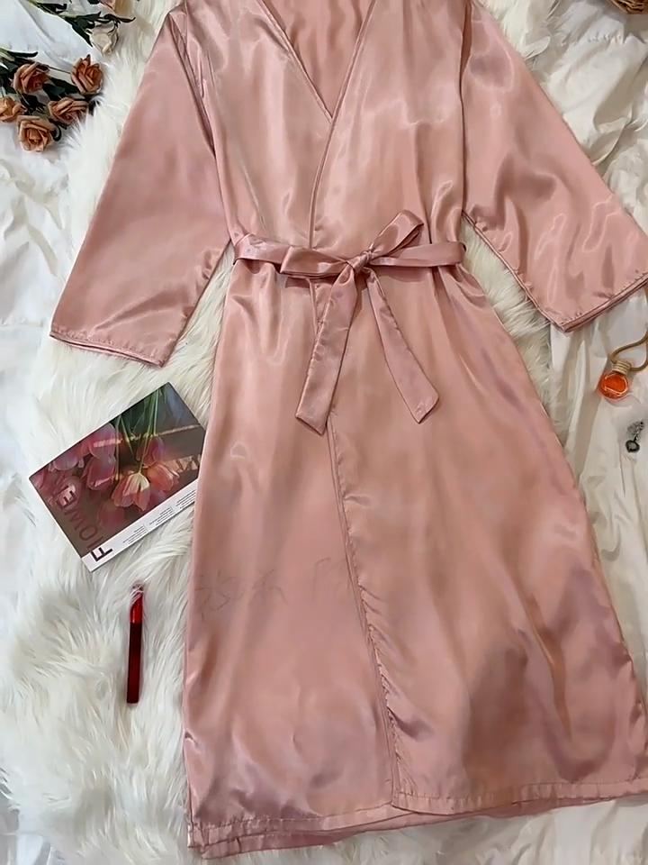 Sexy Women's Pajamas Women's Imitation Silk Pajamas Home Clothes Ice Silk Long-sleeved Casual Comfortable Lace-up Bathrobe