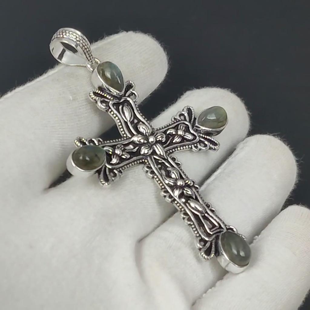 Подвеска из драгоценного камня Лабрадорит Натуральный драгоценный камень Лабрадорит Ручная работа Подвеска-крест из стерлингового серебра 925 пробы для подарков Подвеска для нее, женские украшения