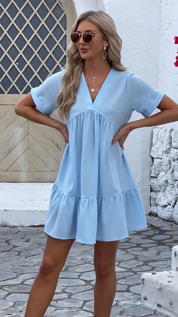 YYFS Женская мода лето весна однотонный принт с коротким рукавом и v-образным вырезом свободная талия повседневные платья