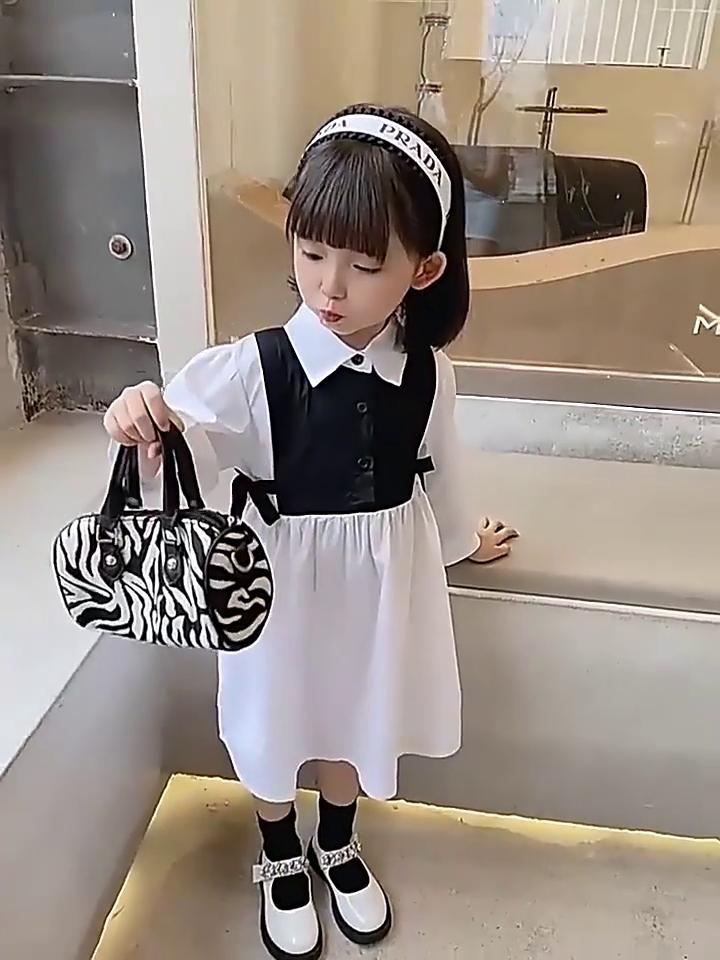 Girls Dress Spring and Autumn Baby Girl Bow Splice Dresses Fashion School Student Uniform Skirt