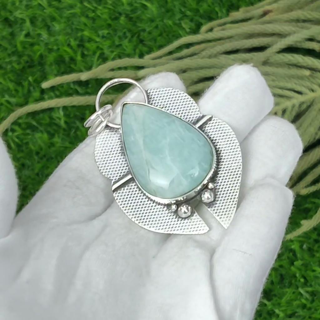 925 Sterling Silver Pear Amazonite Stone Heart Chakra Mother Wedding New Pendant