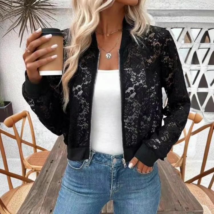 New Elegant Women's Jacquard Lace Perspective Zipper Short Jacket Top Coat