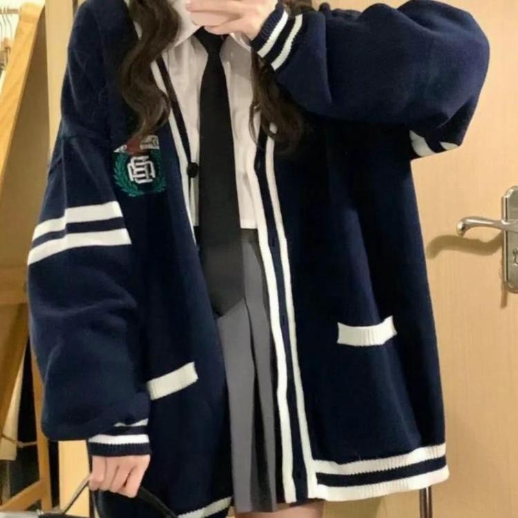 Колледж Стиль Новый Значок Вышивка Контрастный Цвет Свитер Кардиган Для Студенток Универсальный Трикотаж Куртка Модный