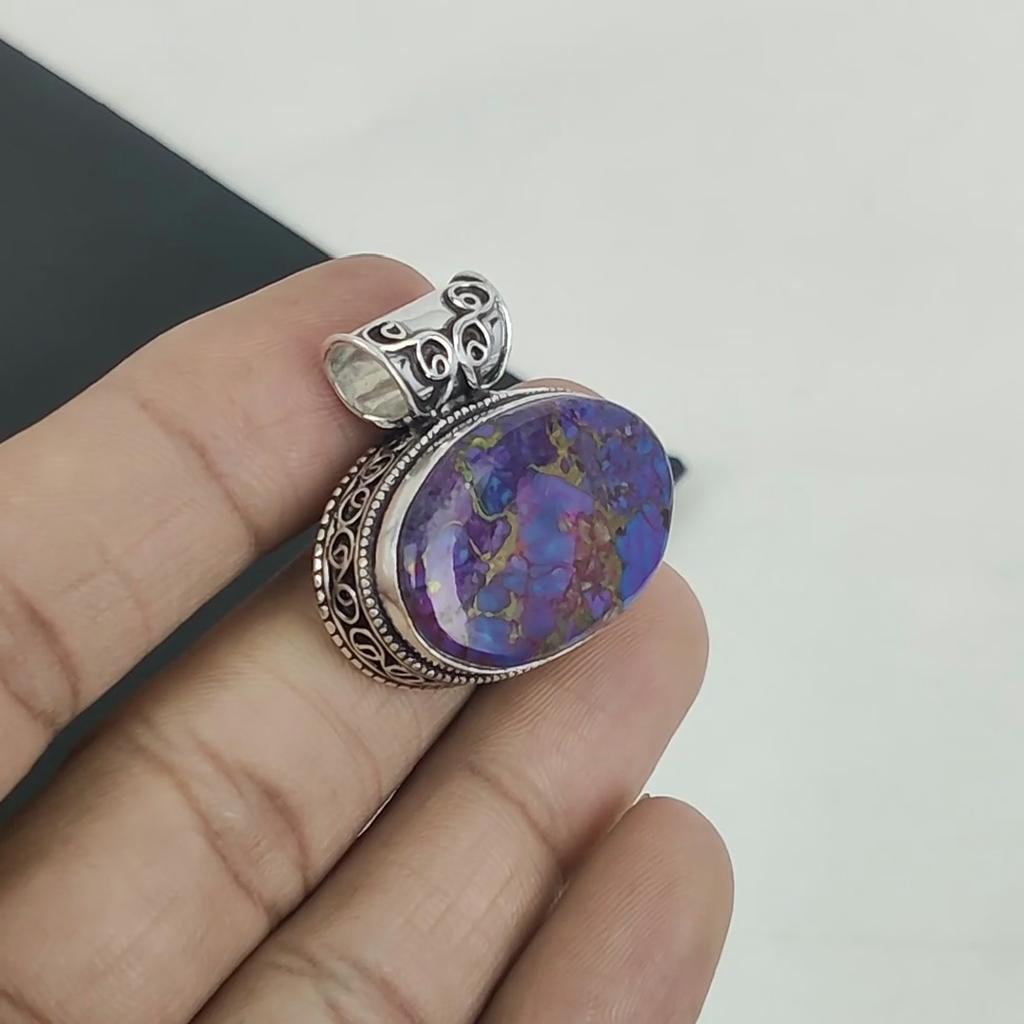 Серебряный кулон с фиолетовым медным бирюзовым камнем из стерлингового серебра 925 пробы — овальный дизайн ручной работы, повседневное ювелирное украшение в подарок жене