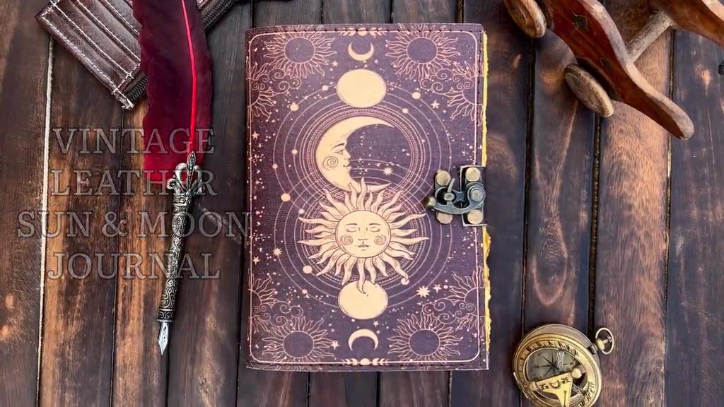 Vintage Sun Moon Leather Journal Handmade 200 Deckle Edge Pages C-Lock